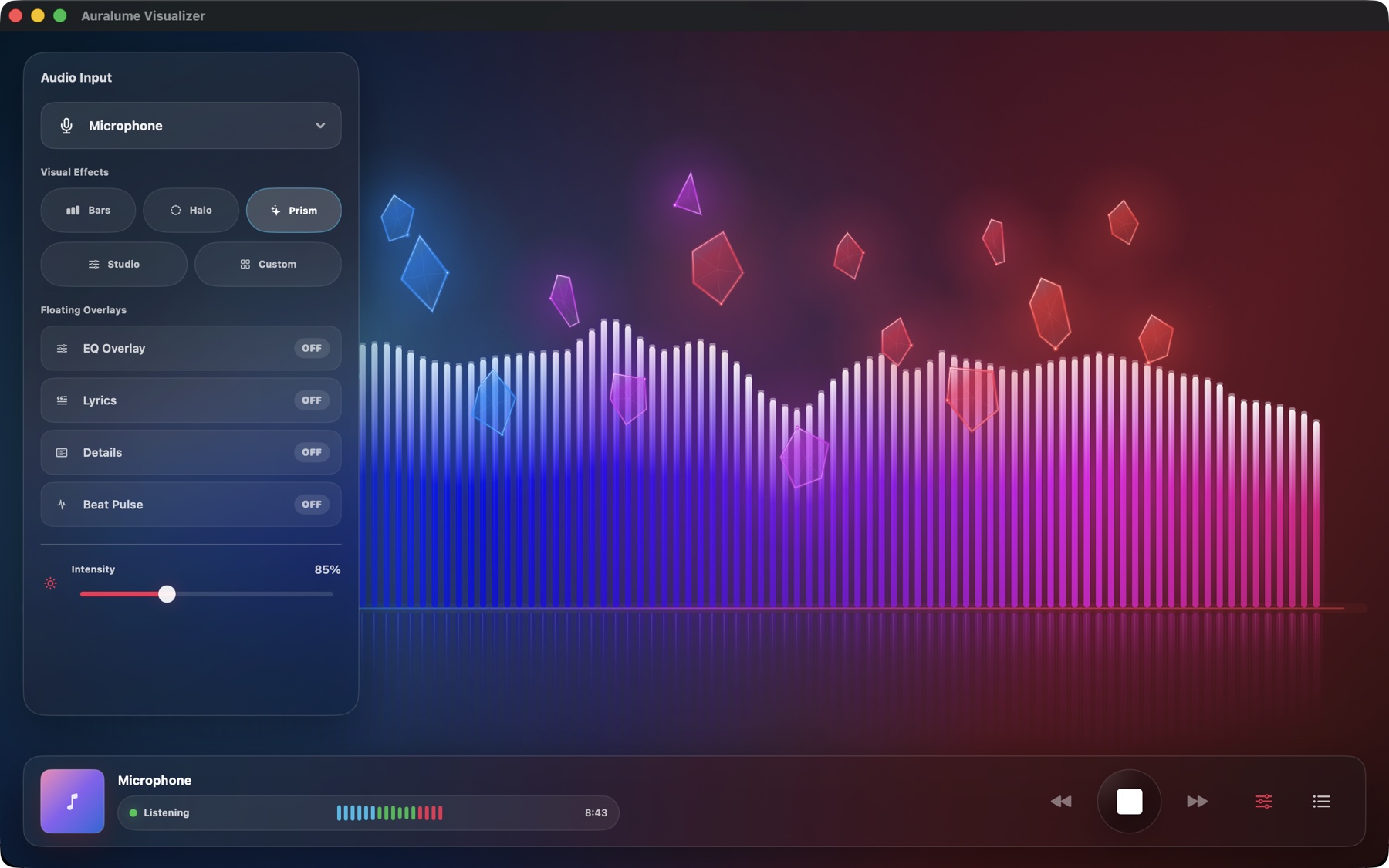 Auralume Visualizer Prism mode with microphone input controls and floating overlay settings